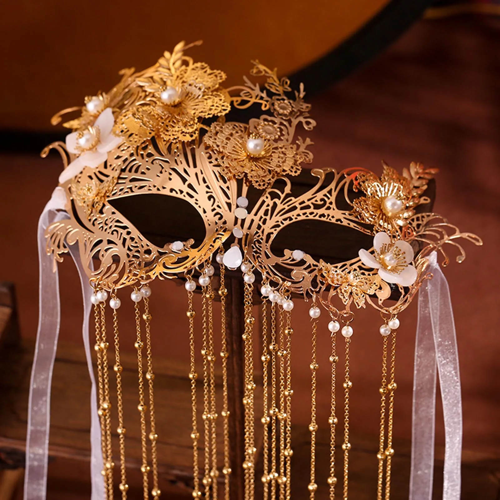 Long Tassel Face Veil with Mask Sparkling Crystal Hollow Headwear Hair Ornaments for Stage Performance School Ball