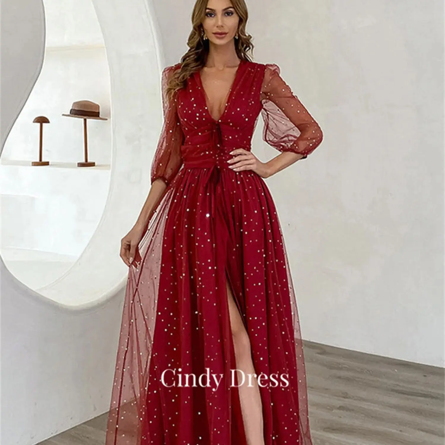 

Cindy V-neck Dots Long Sleeves Claret Evening Dresses Ladies Gala Party Dress Elegant Women 2023 Luxurious Graduation Luxury