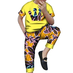Ropa africana para niños, camisa Dashiki de algodón con estampado de cera africana y pantalones, conjunto de trajes africanos, conjunto de 2 piezas WYT540