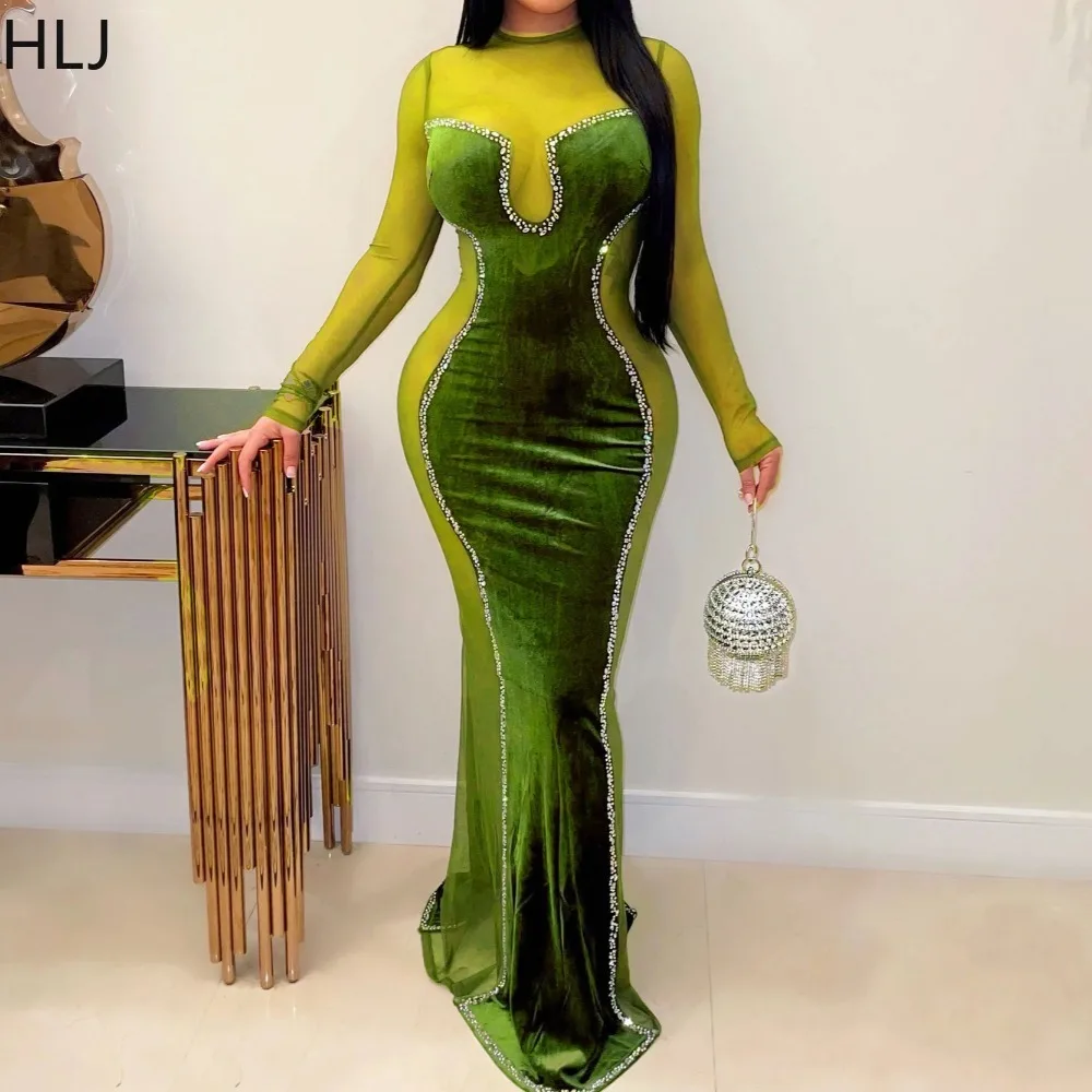 

HLJ Sexy Mesh See Through Bodycon Long Dresses Women Rhinestone Patchwork Long Sleeves Dress Female Party Clubwear Vestidos