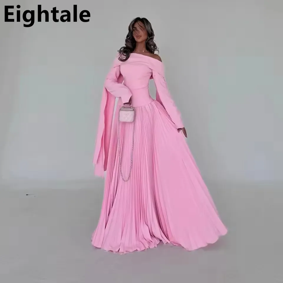 

Eightale 2025 Pink Off Shoulder Evening Dress Wedding Party Long Sleeve Prom Dress Saudi Arabic Party Gown Customized