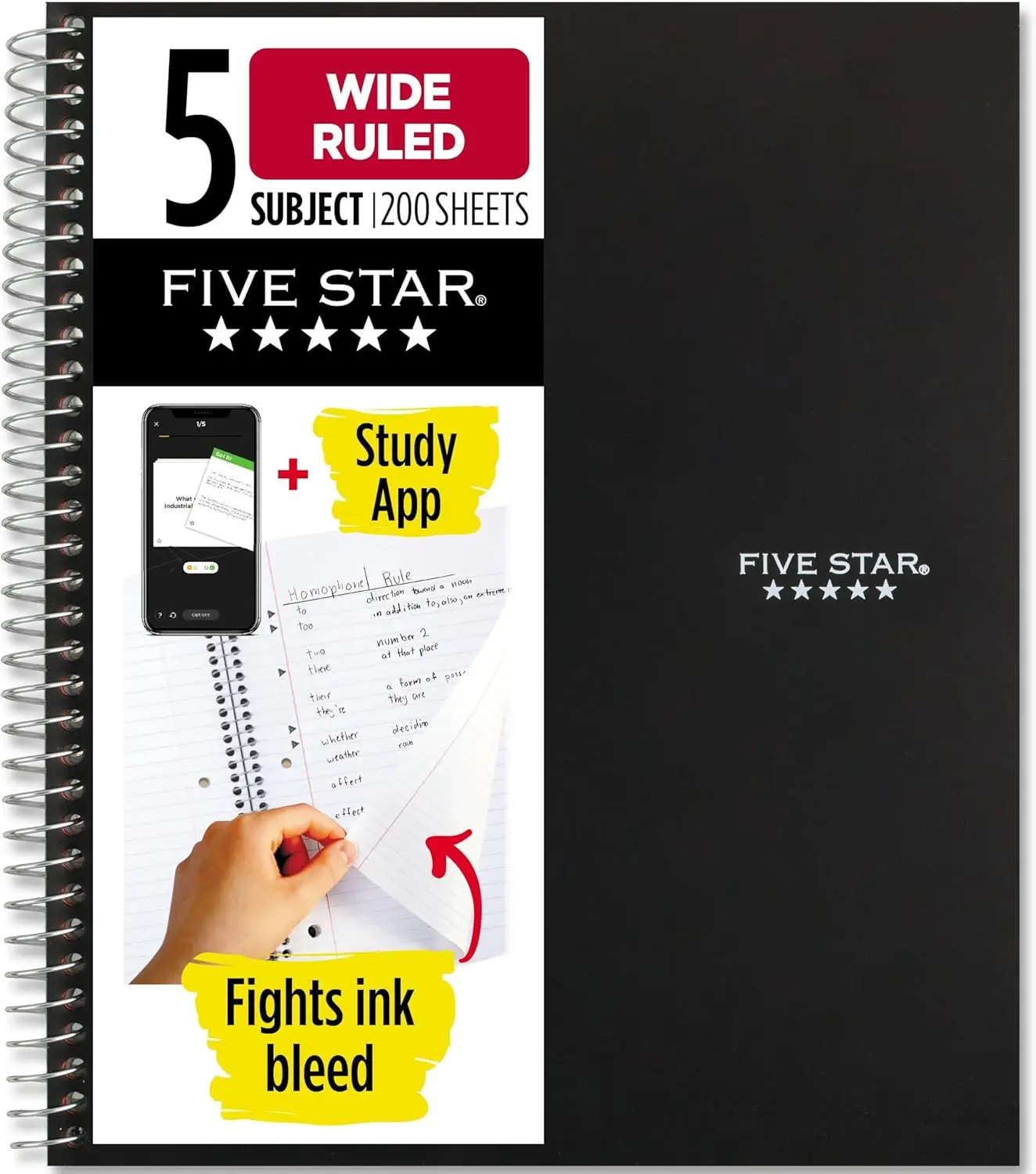 

Spiral Notebook 5 Subject Wide Ruled 200 Sheets 8x10.5 inch Black with Study App, Ink Bleed Resistant Cover
