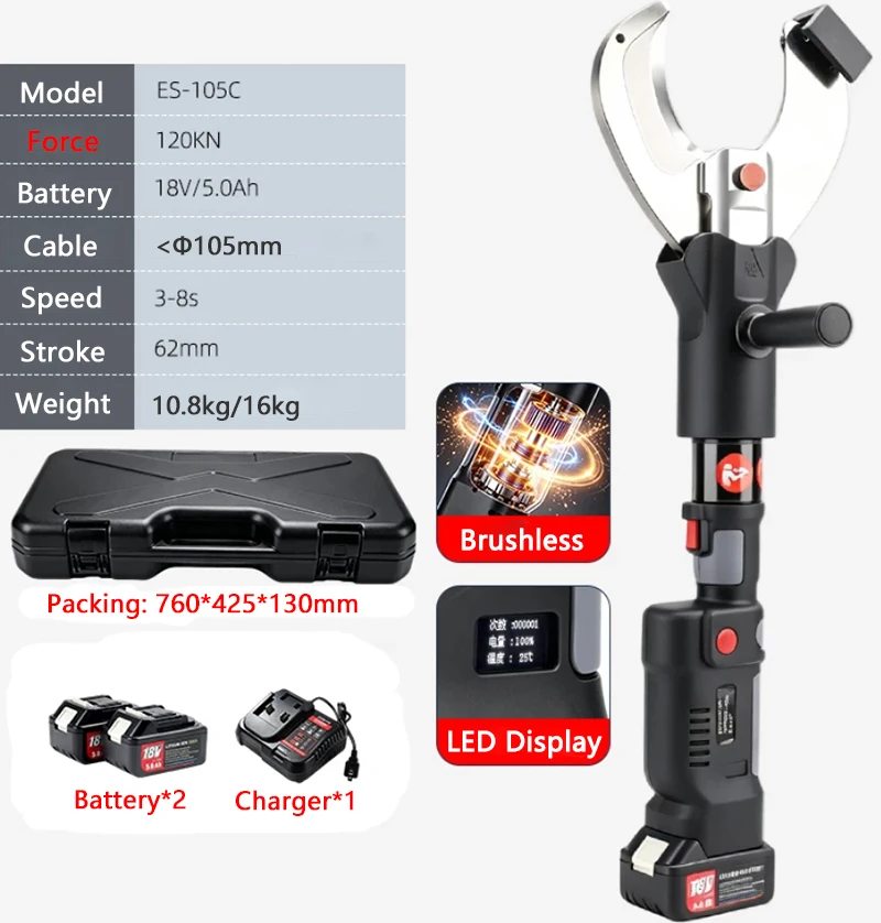 Electric Hydraulic Straight-Handle Cable Cutter ES-85C/105C Cable Cutting Machine Rechargeable Labor-Saving Cable Shear/Scissors