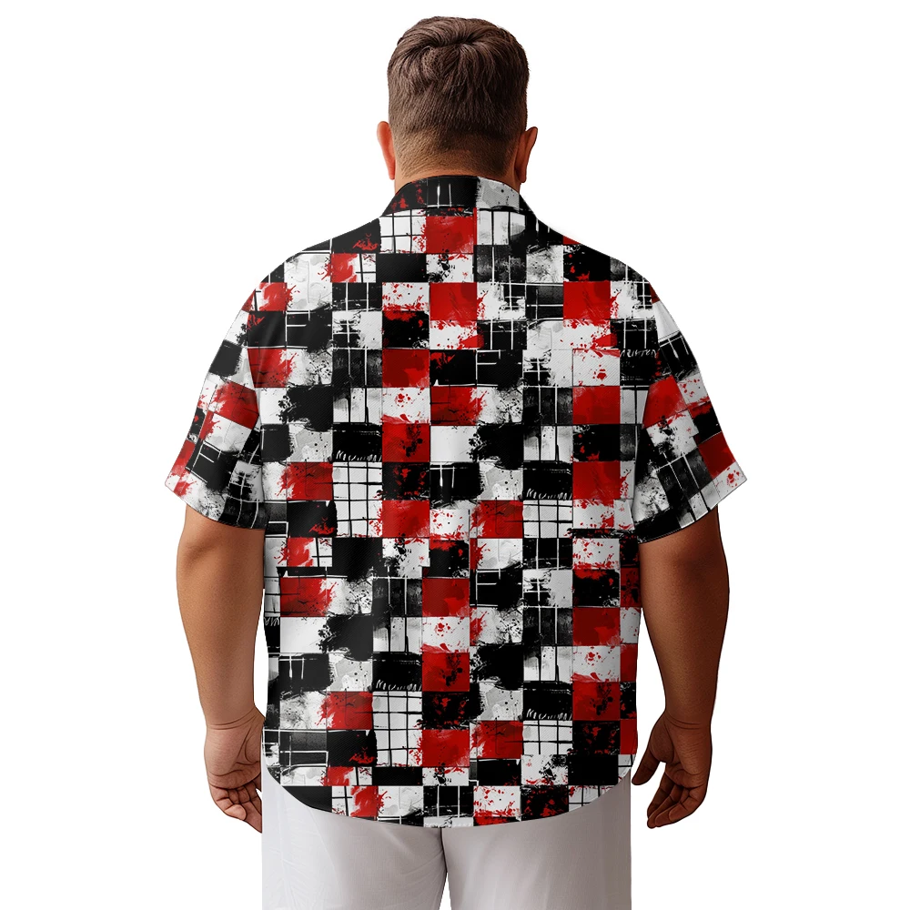 2024 new Hawaii Men's shirts plus size Halloween skull red and black chess grid printed clothing casual short-sleeved