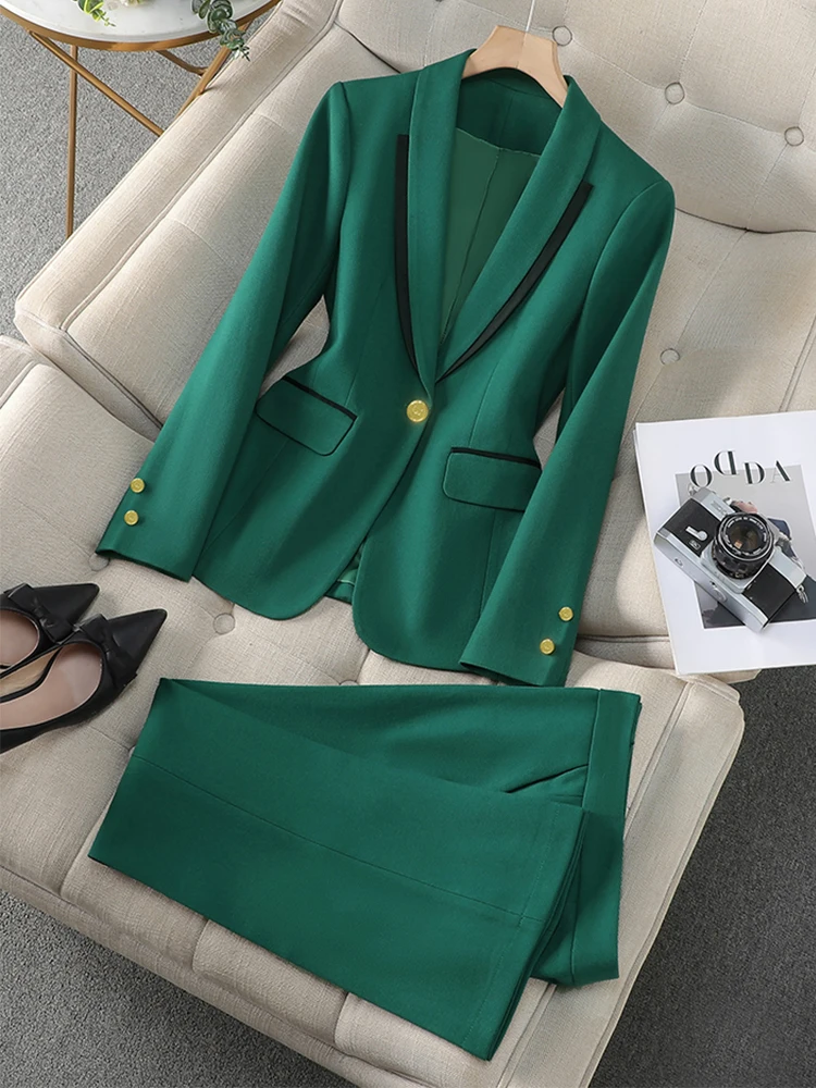 Fashion Ladies Pant Suit Women Khaki Black Coffee Green Female Business Work Wear Jacket Blazer and Trouser Formal 2 Piece Set