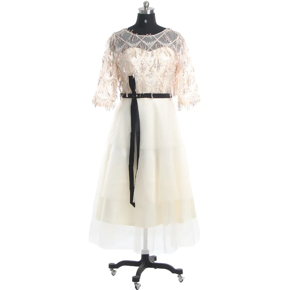 

Вечерние платья цвета шампанского с круглым вырезом, блестками и кисточками, на молнии, с коротким рукавом, трапециевидного силуэта, в несколько рядов, женское праздничное платье длиной ниже колена, E434