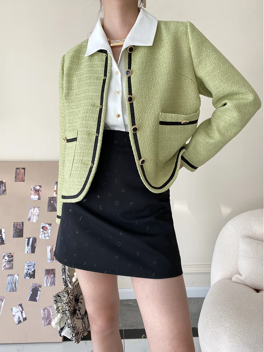 

2023 Autumn New Fragrant Green Short Coat Women's Woolen Long Sleeve Tweed Jackets Outerwear