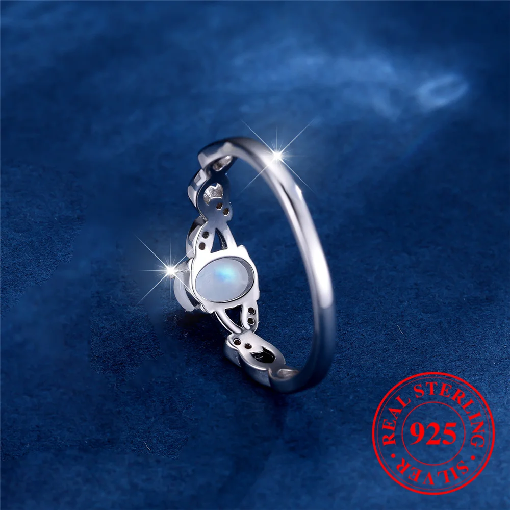 Cute Female Small Oval Nature Moon Stone Ring Vintage Real 925 Sterling Silver Wedding Jewelry For Women