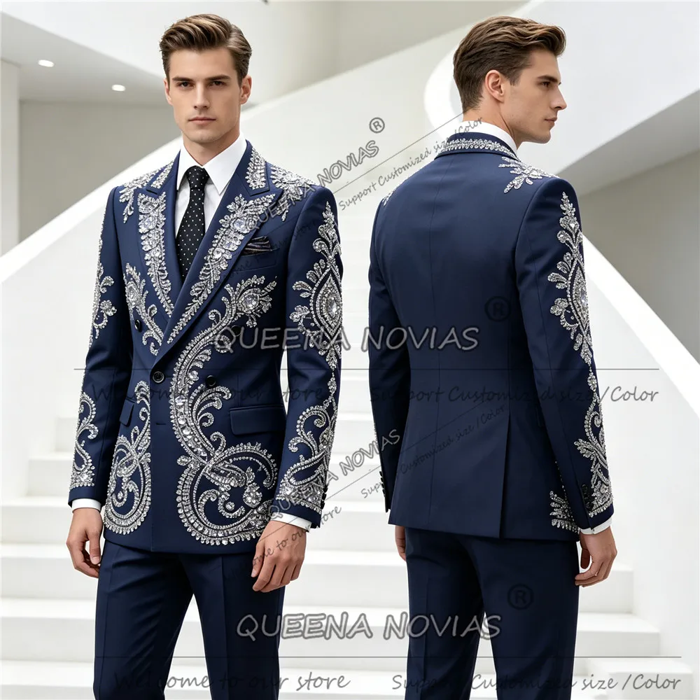 

Rhinestone Men Suits High End Customized Glitter Beaded Wedding Groom Tuxedos 2 Pieces Sets Male Prom Blazer trajes para hombre