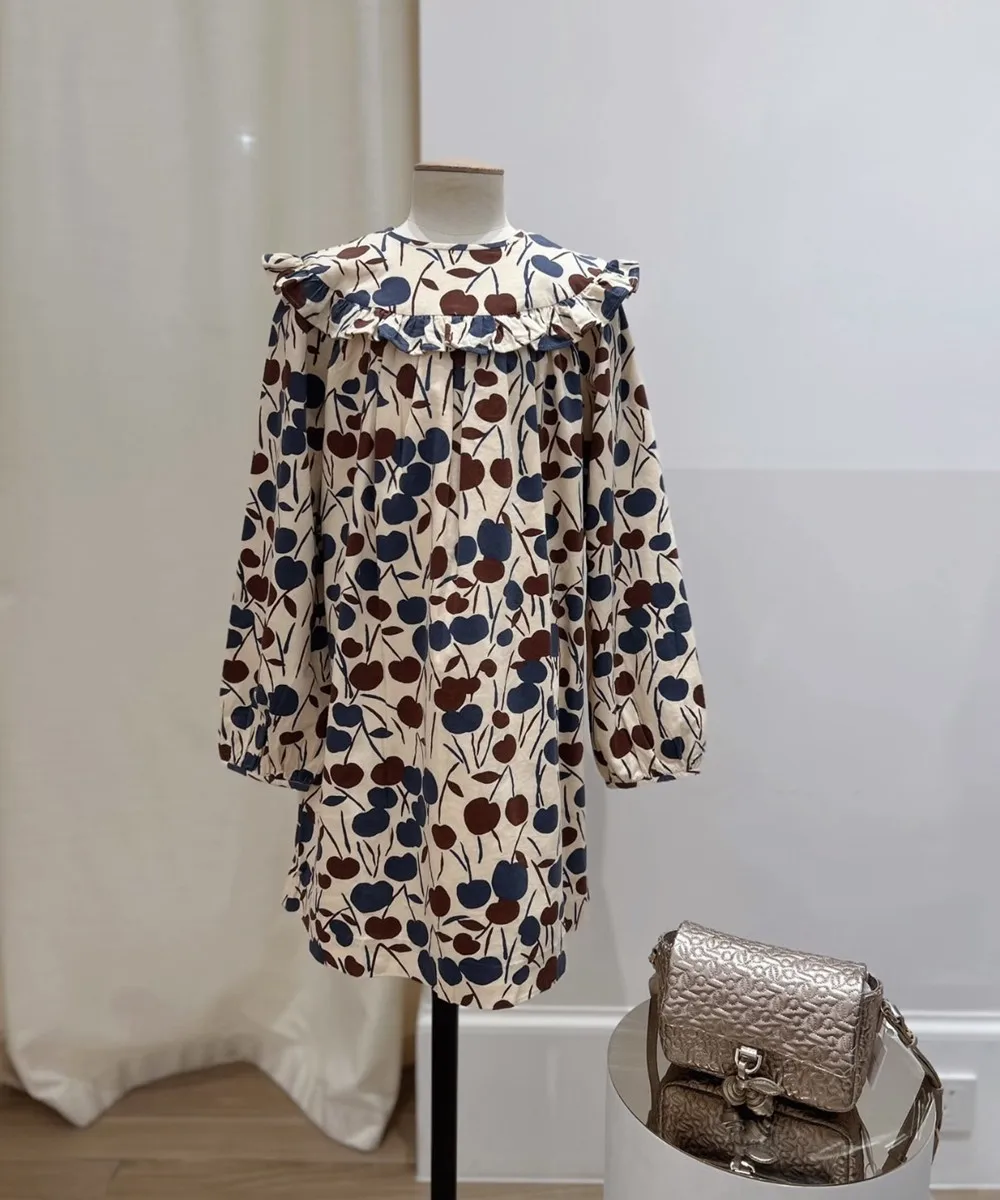 Autumn baby girl clothes kids dresses French style Cherry patterned printed dress Corduroy patterned long sleeved dress