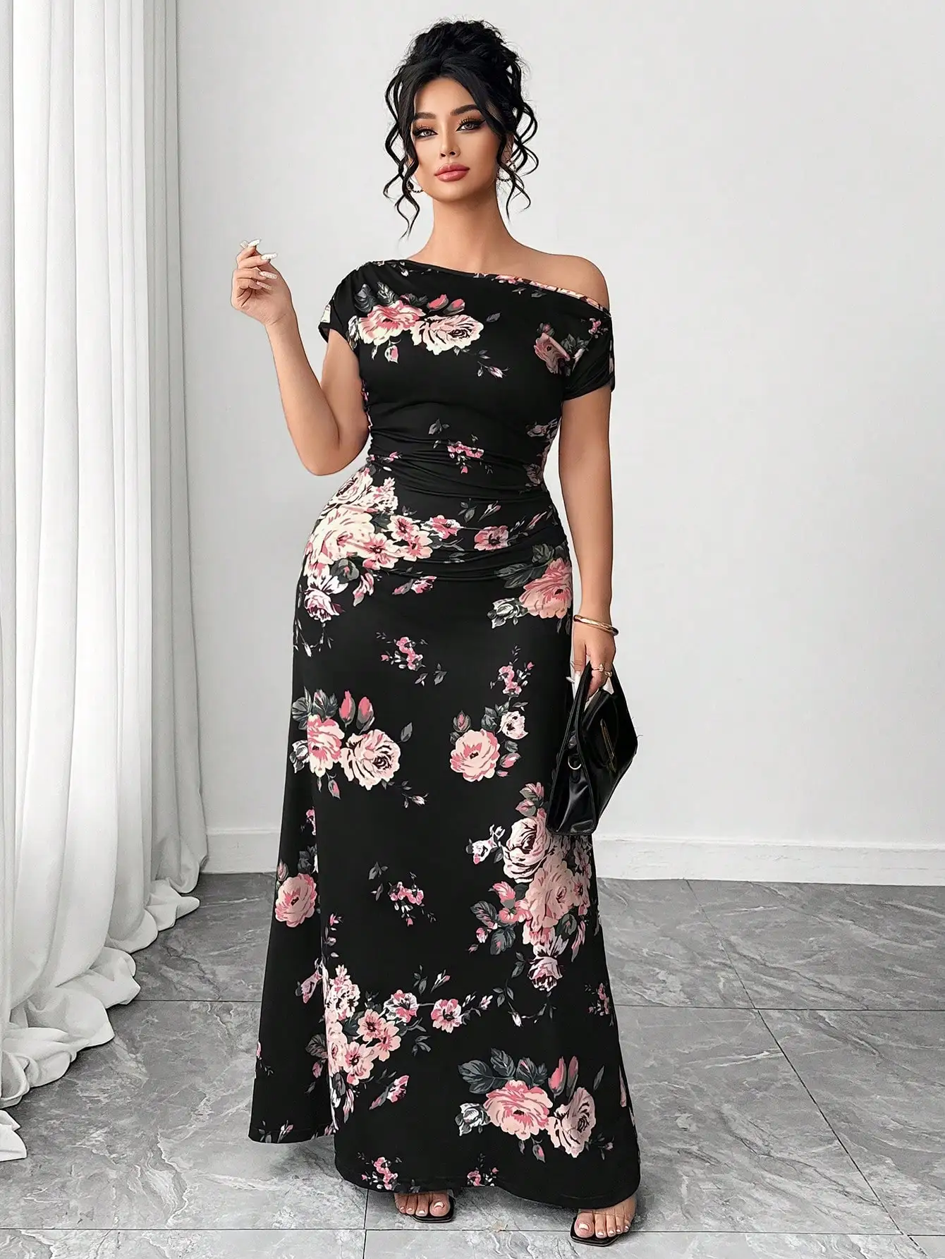 

Off Shoulder Floral Print Short Sleeve Floor Length A-Line Dress For Women