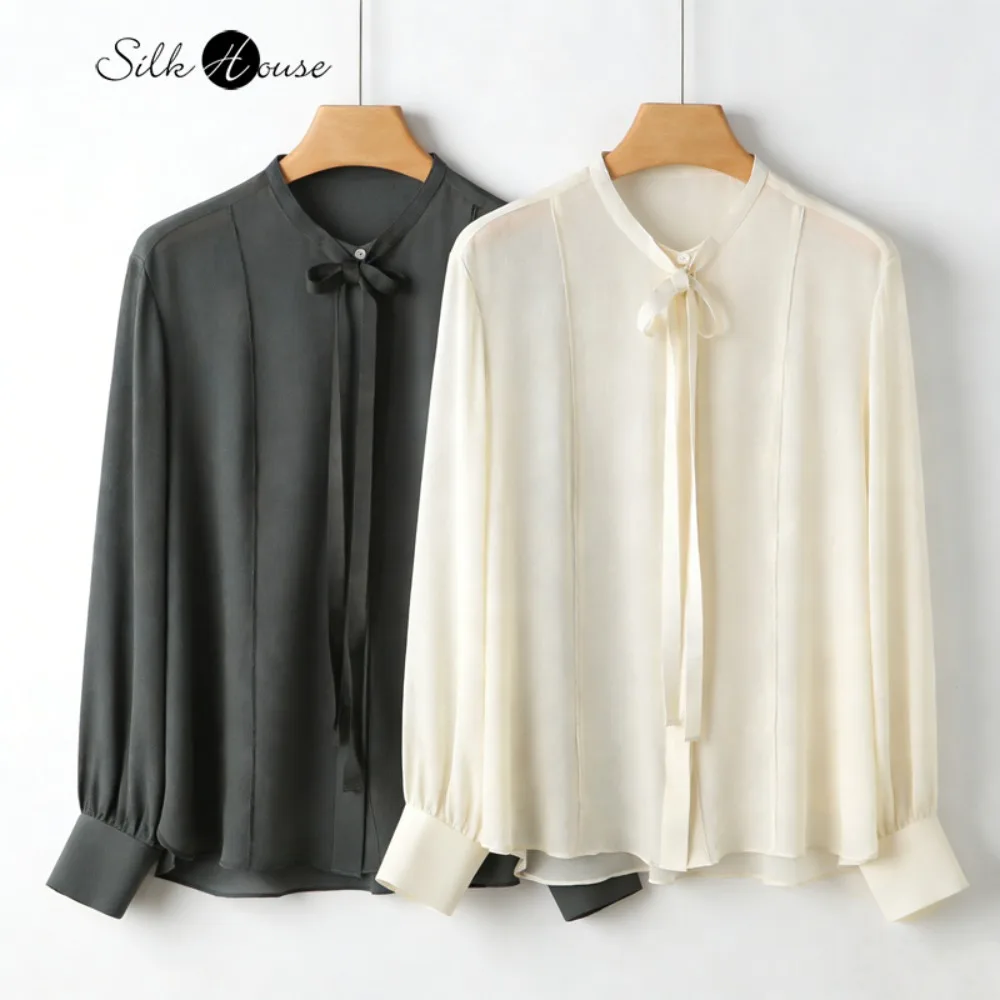 

2026 Women's Fashion Spring New Heavy 100% Natural Mulberry Silk Ghost Crepe Ribbon French Solid Color Long Sleeve Shirt
