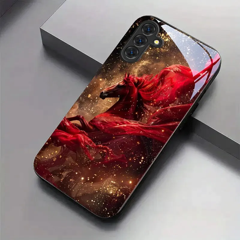 

Red gold mango horse pattern new black glass ophone case for Galaxy S26 S25 Edge S25 Ultra S20 FE S24 S22 Ultra S21FE A16 A36s