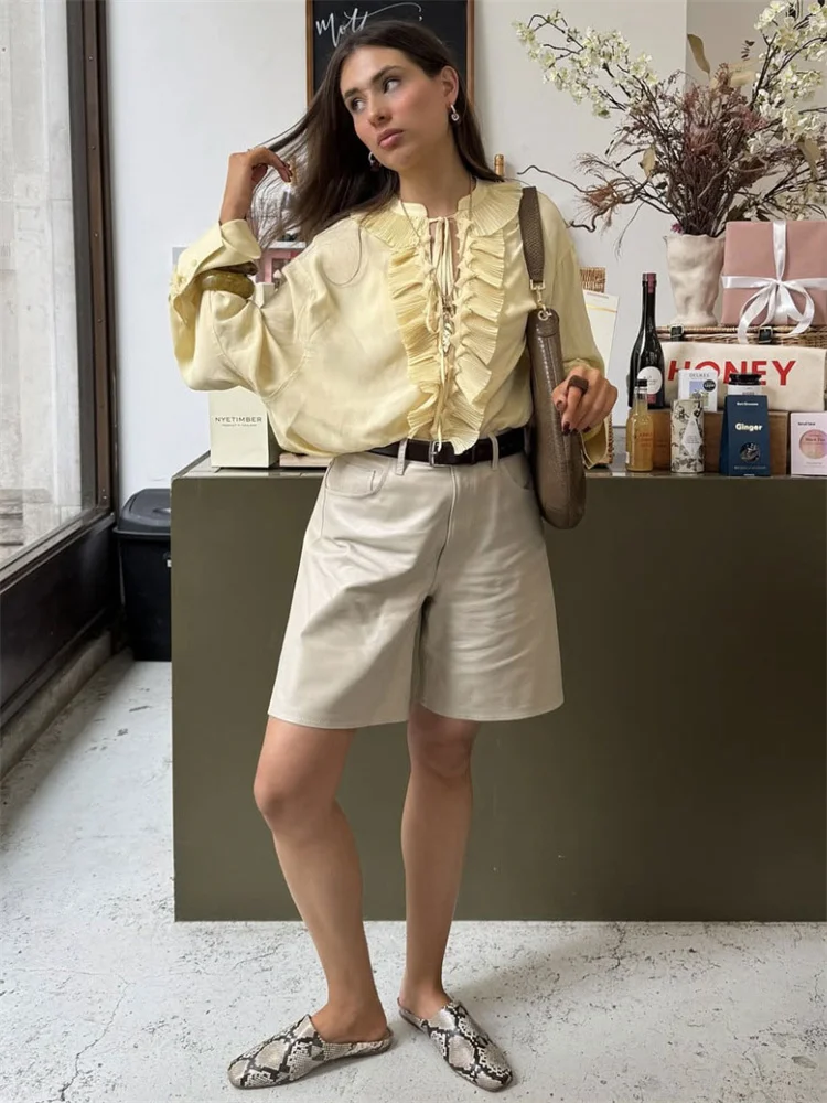 XIAOTANG mousseline de soie à volants à lacets chemises haut femme transparent col en v solide à manches longues pull ample décontracté pour les femmes Blouse