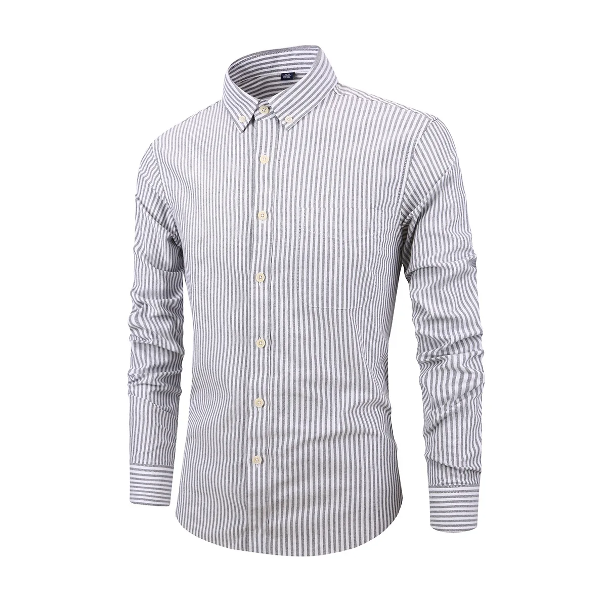 Men's Striped Casual Trendy Slim Cotton Shirts Male New Fashion Simple Basic Daily Turn-down Collar Long Sleeve Breasted Tops
