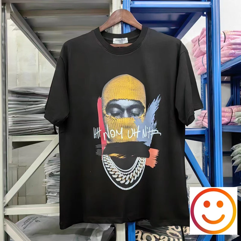 

IH NOM UH NIT Paint Graffiti Yellow Mask Male Portrait Print T-shirt Men Women Best Quality Loose Streetwear T Shirt Tees Tops