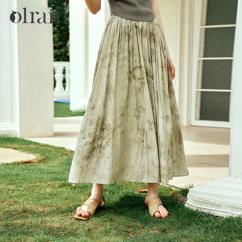 

OLrain Printed Skirts Women 2026 Summer Prairie Chic Green Print Elastic Waist Folds A-line Midi Skirt Female Clothes O24XB91363