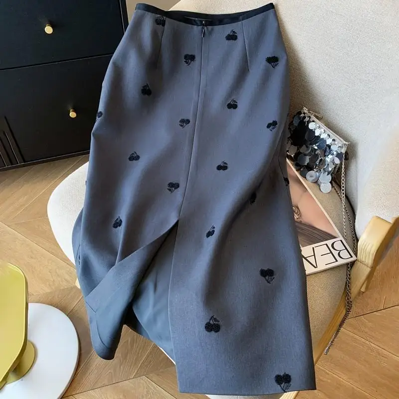 

Корейская офисная женская юбка с высокой талией, тонкая темпераментная прямая юбка с разрезом, 533P, осенняя новая женская юбка-миди с принтом сладкой вишни