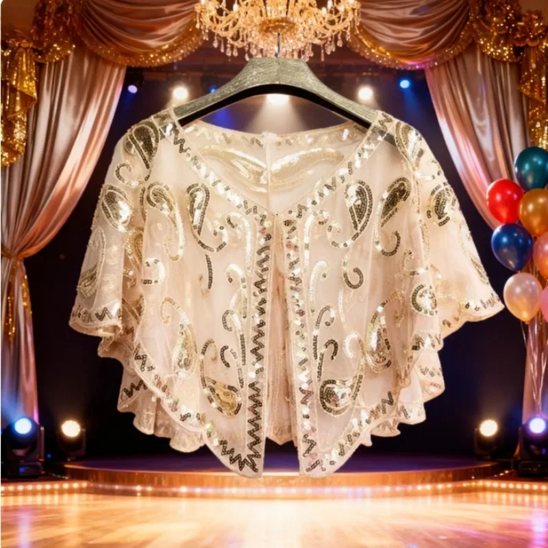 Accesorios de disfraces Chal brillante nupcial - Estola de lentejuelas Art Deco con detalles de perlas para fiestas temáticas vintage