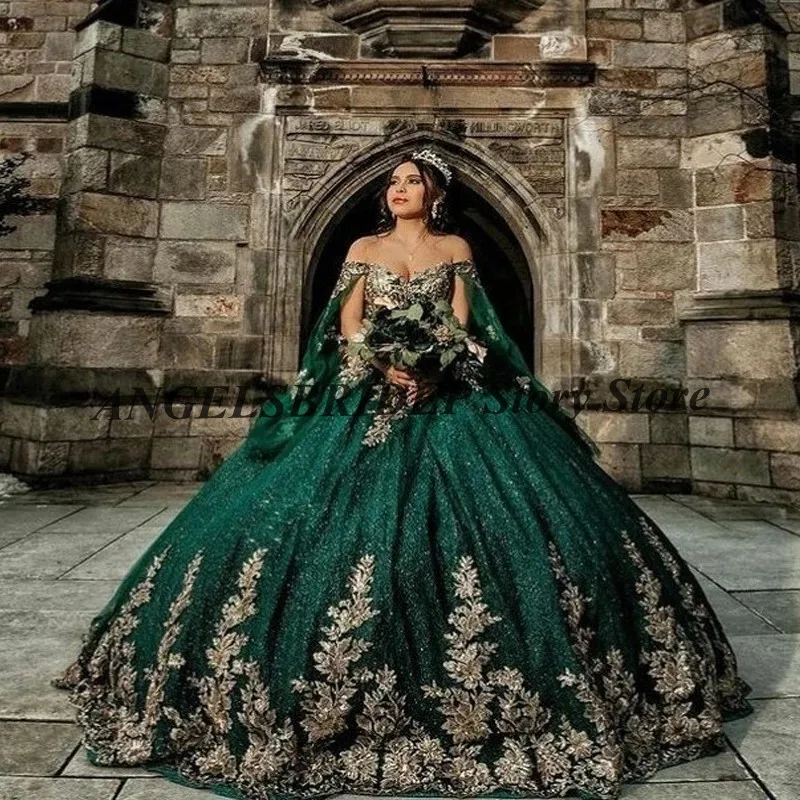 Angelsbridep Emerald Green Ball Gowns Quinceanera Dresses Gold Applique Lace Beaded Tulle Sweet 15 16 Dress Vestidos De 15 Años