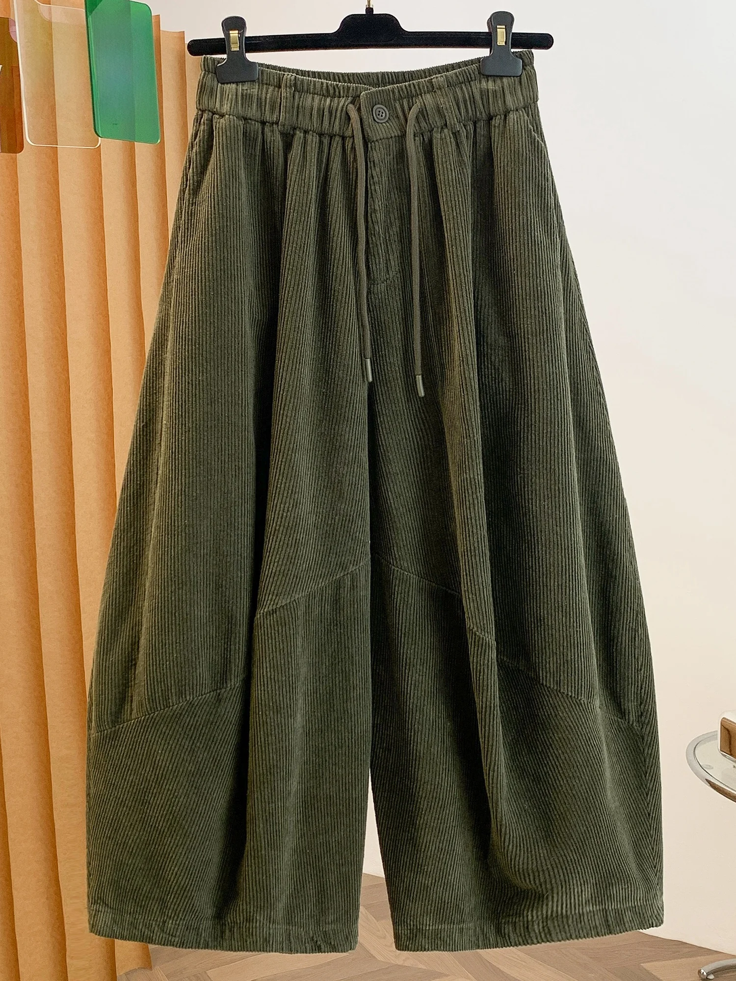 Retro Green Corduroy Wide Leg Pants Women's plus Size Loose Fit Slimming Nine Point Casual Trousers Comfortable Elastic Waist