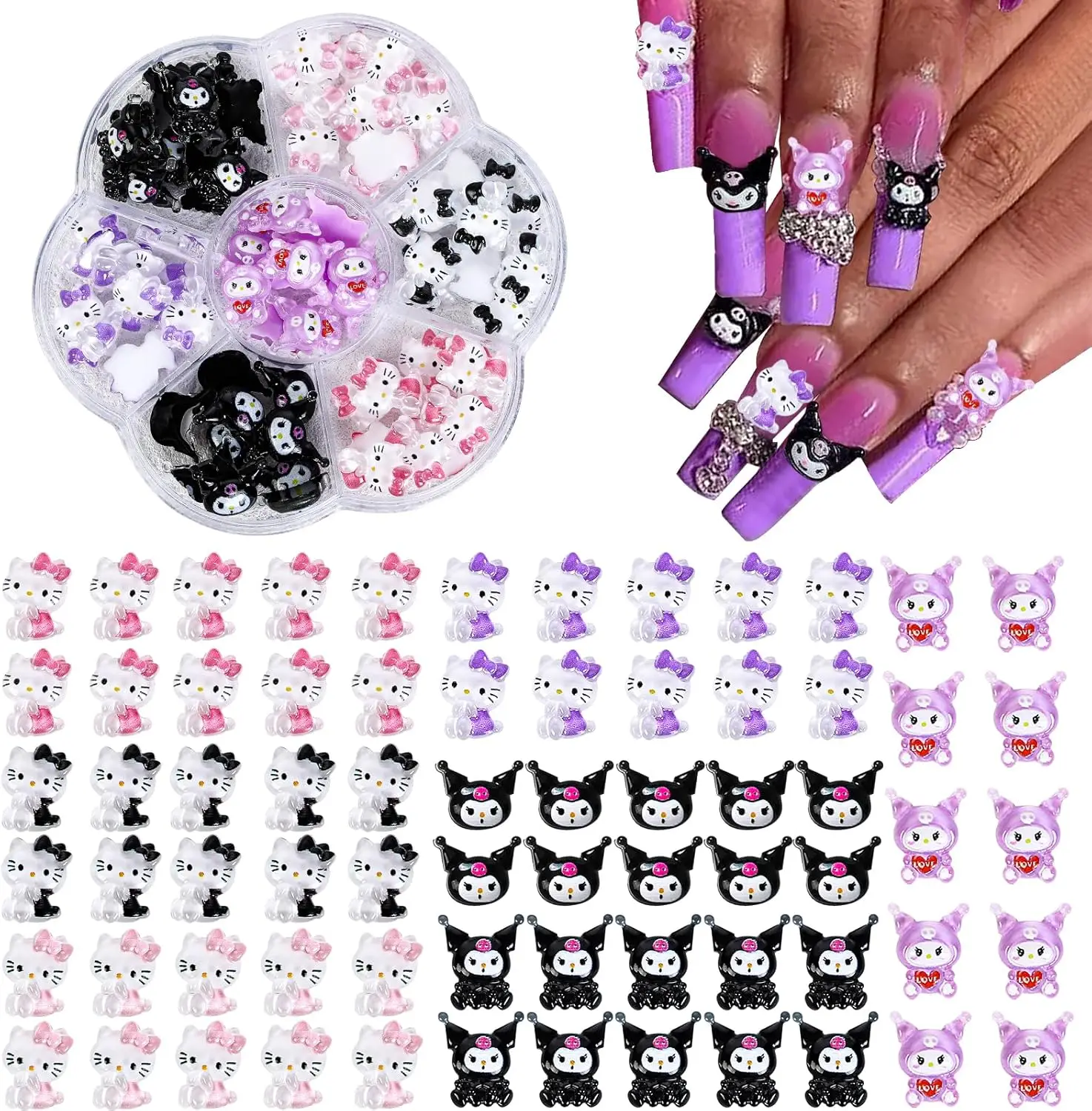 70 PCS Nail Charms,Kawaii Nail Charms Hello Kitty Nail Charms 3D Slime Charms Nail Art Charms Cute Cartoon Flat Back Resin Charm