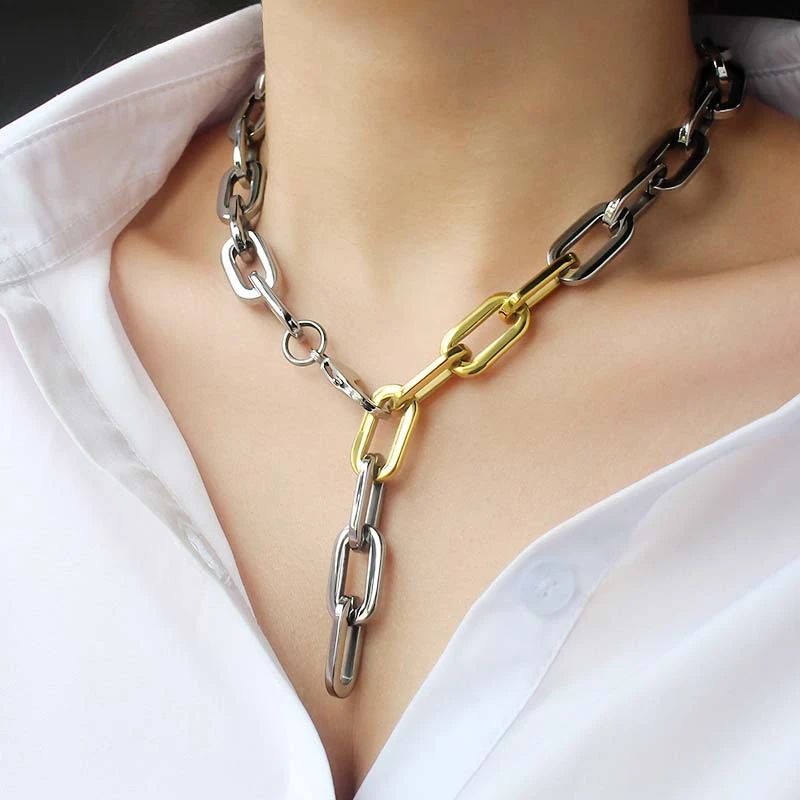 Silver Mixed Gold Color Chain Necklace Punk Chain Choker Necklaces Collar Statement Hip Hop Big Chunky Stainless steel collar