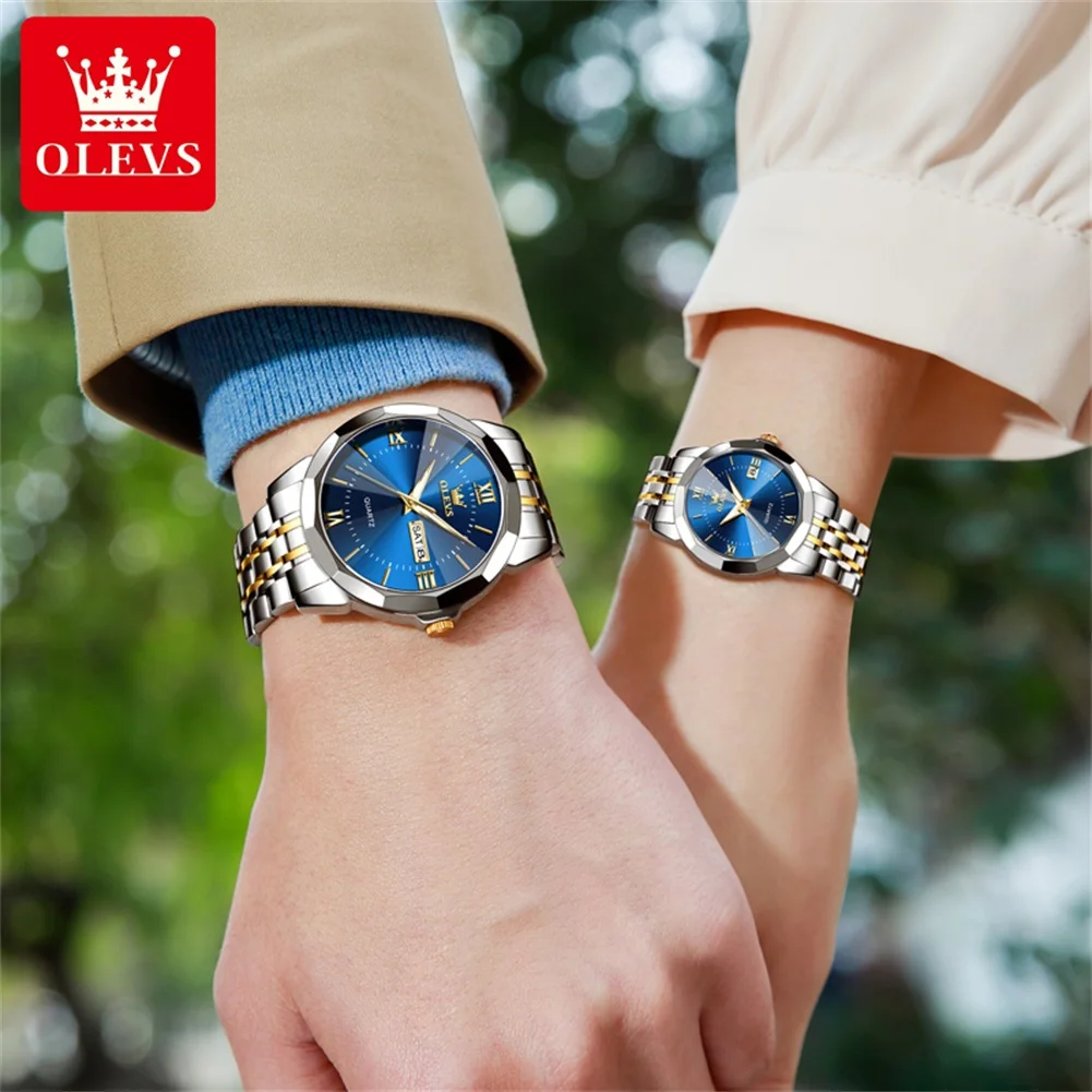 OLEVS-Montre-bracelet à quartz étanche en acier inoxydable pour hommes et femmes, montres de couple, échelle romaine, calendrier, marque supérieure, luxe, 9989