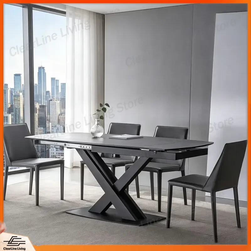 Modern Marble Dining Table Retractable X Frame Adjustable Length Rectangular 6 Seater Kitchen Furniture Home Decor