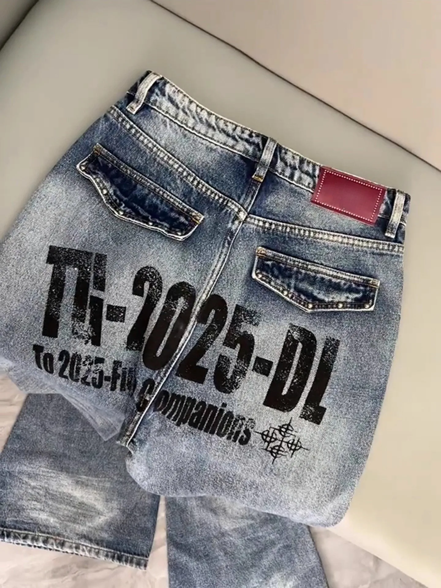 Calça Jeans Azul American Letter de Cintura Alta com Perna Reta para Homens e Mulheres, Design Estilo Streetwear, Calça Boca ...