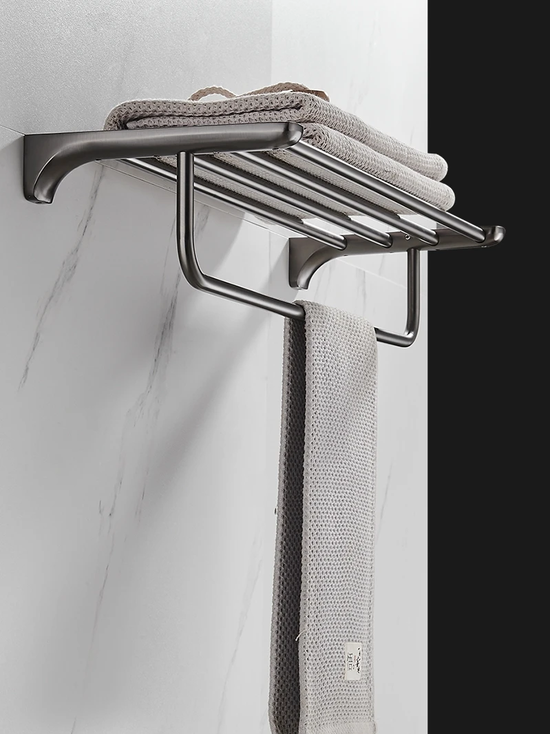 Gun gray towel rack, hole free bathroom, 304 stainless steel wall hanging shelf, bathroom bathroom towel rack