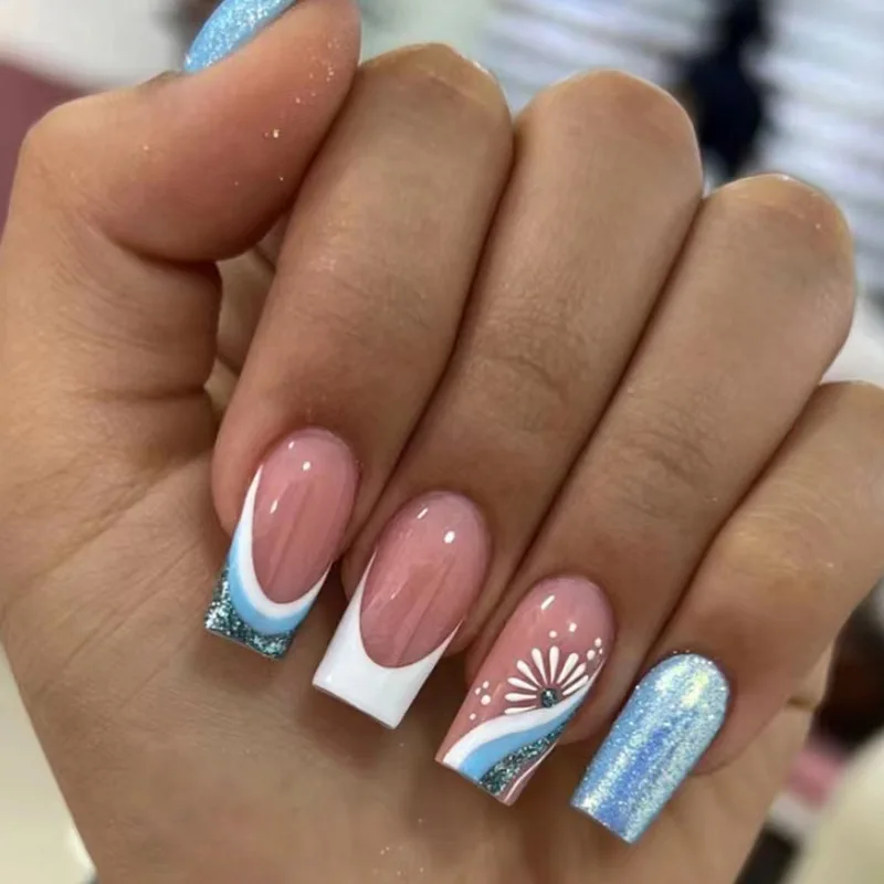 24 Uds uñas postizas cuadradas largas cubierta completa francesa Simple prensa en uñas uñas postizas usables con diseño de polvo brillante puntas de uñas