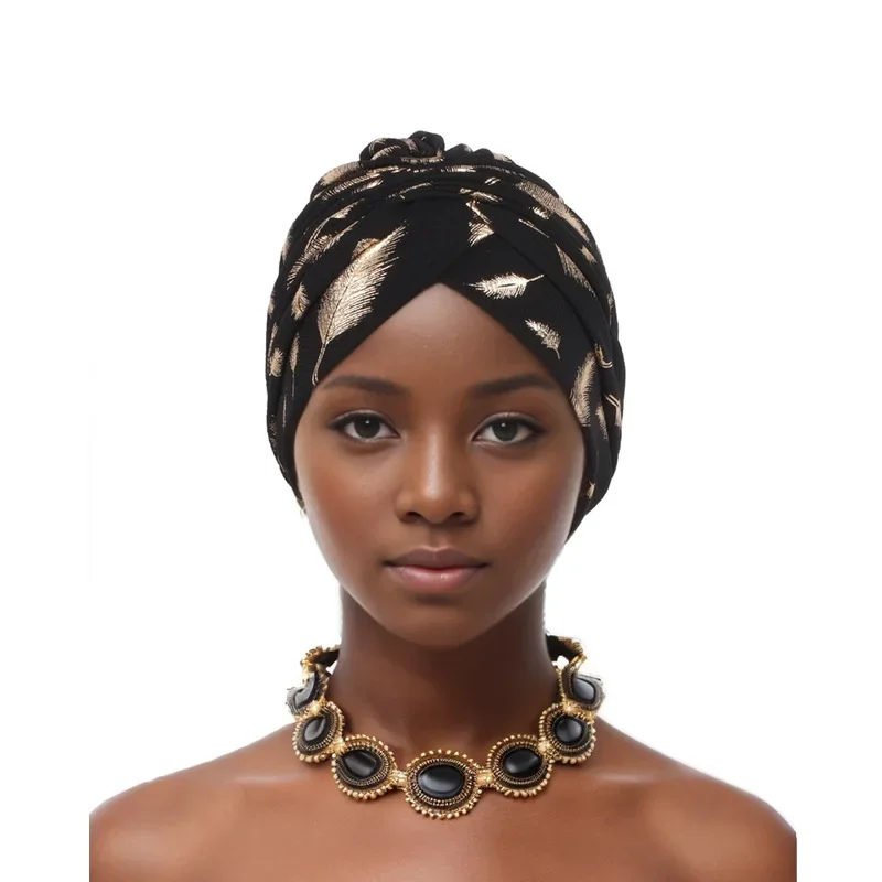 African Wrap Head Bonnet Muslim Under Scarf Hat Turbante Mujer Feather Gold Stamping Fabric Turban Cap for Women