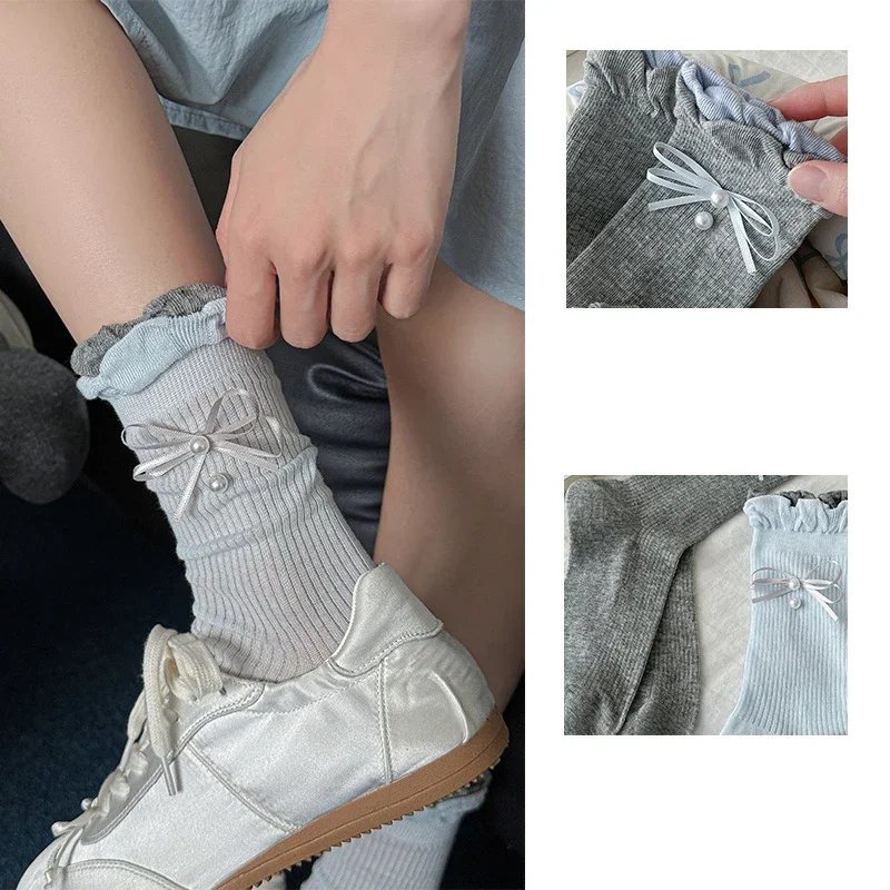 

5 пар женских хлопковых носков с цветочными краями и жемчугом, модные дышащие носки в балетном стиле с бантом, впитывающие пот