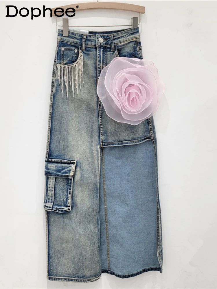 3D Cutting Irregular Denim Skirt Women 2024 Summer New High Waist Tassel Flower Decoration Large Pocket Casual Mid-Length Skirt