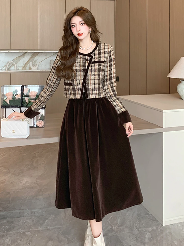 

French Vintage Small Fragrance Tweed Two Piece Sets Women Outfits High Quality Plaid Jacket Coat & A Line Velvet Mid Skirt Suits