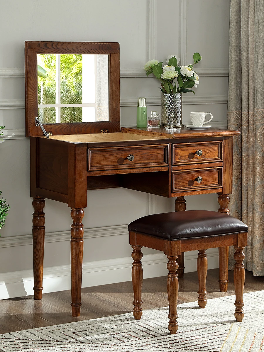 

American Country Ash Wood Dresser Dresser Bedroom Storage Makeup Table Dressing Cabinet Flip with Makeup Mirror