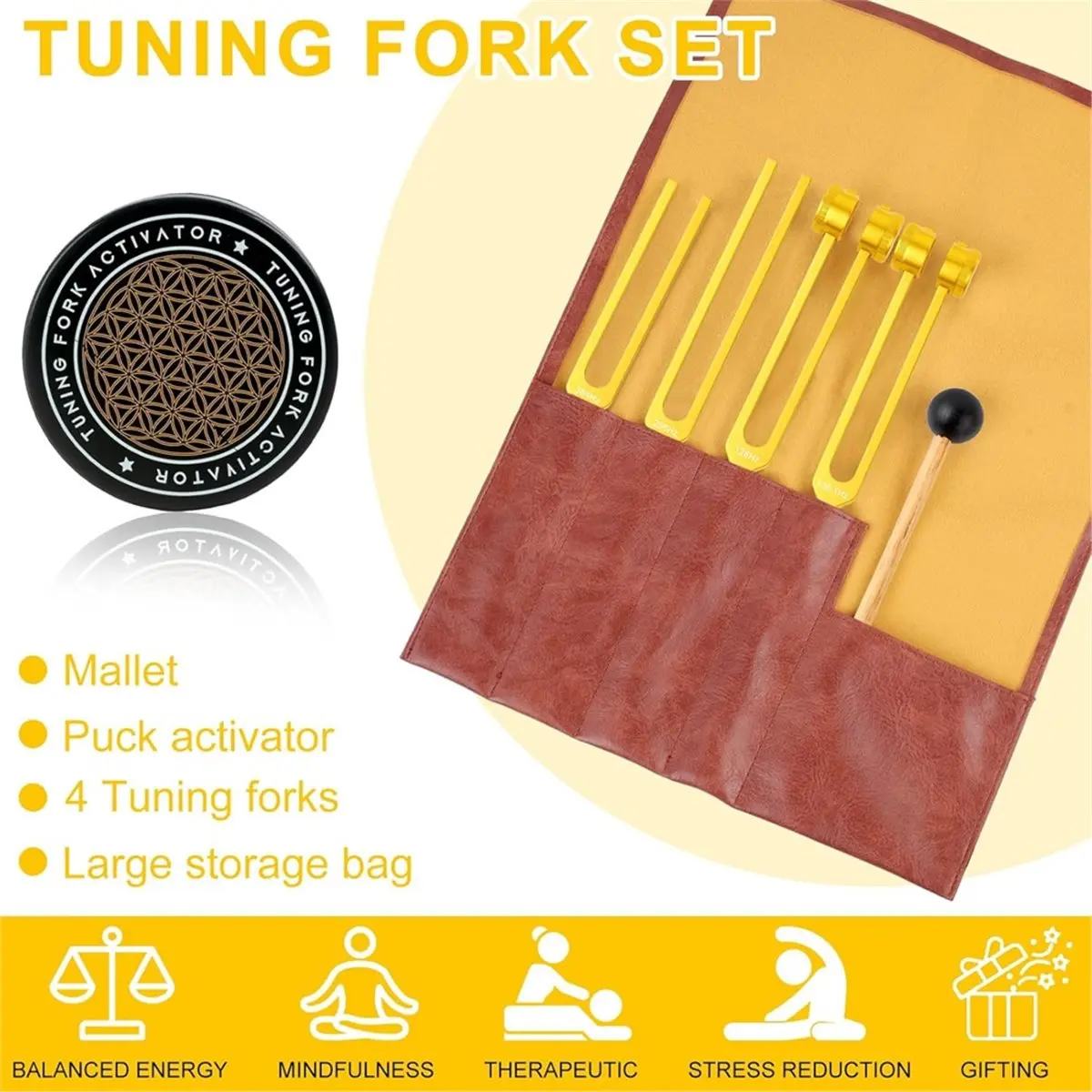 STOCK-Tuning Forks for Healing Set (Gold) - Includes 128Hz,136.1Hz,256Hz,384Hz & Activator, for Chakra, Yoga, and Meditation