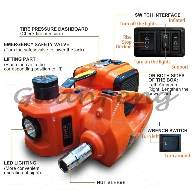 5‑in‑1 12V 5 Ton Electric Hydraulic Car Jack, Portable Auto Repair Kit with Impact Wrench, Tire Inflator and LED Work Light