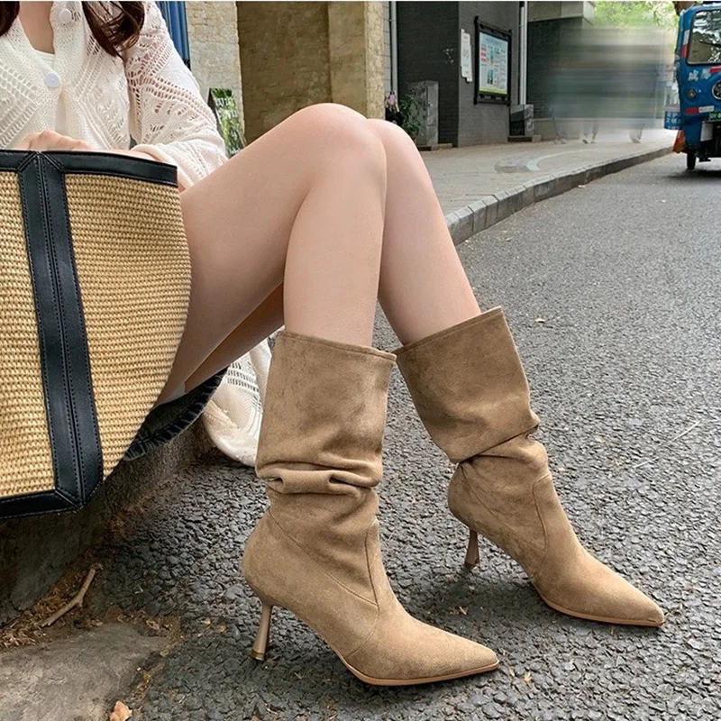 Botas modernas plisadas de otoño para mujer, botines de media pantorrilla finos de tacón alto a la moda, botas de invierno femeninas