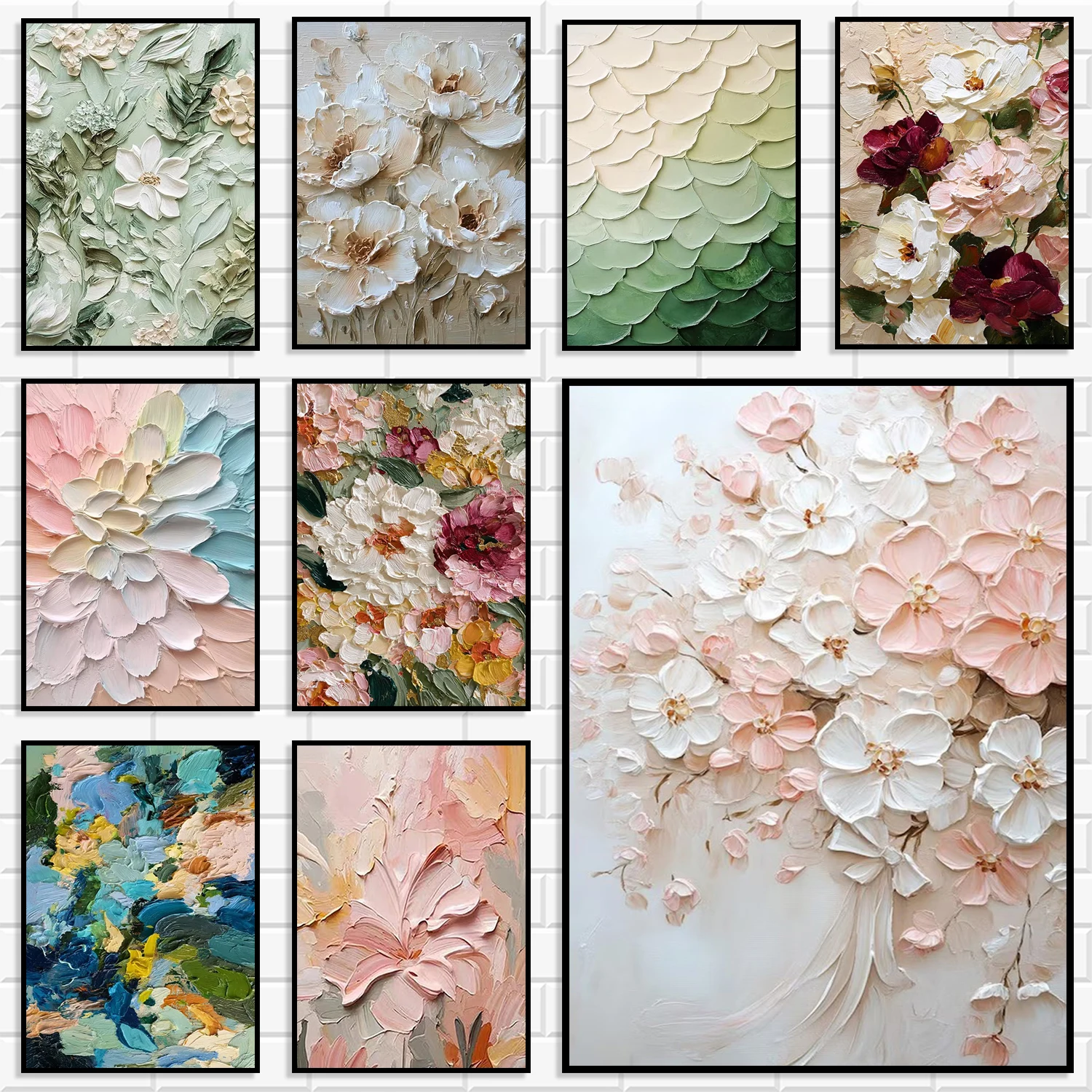 Soft Pastel Heavy Texture Wall Print Bundle Multicolor Peony Cherry Blossom Canvas Poster Minimalist Gentle Aesthetic Home Decor