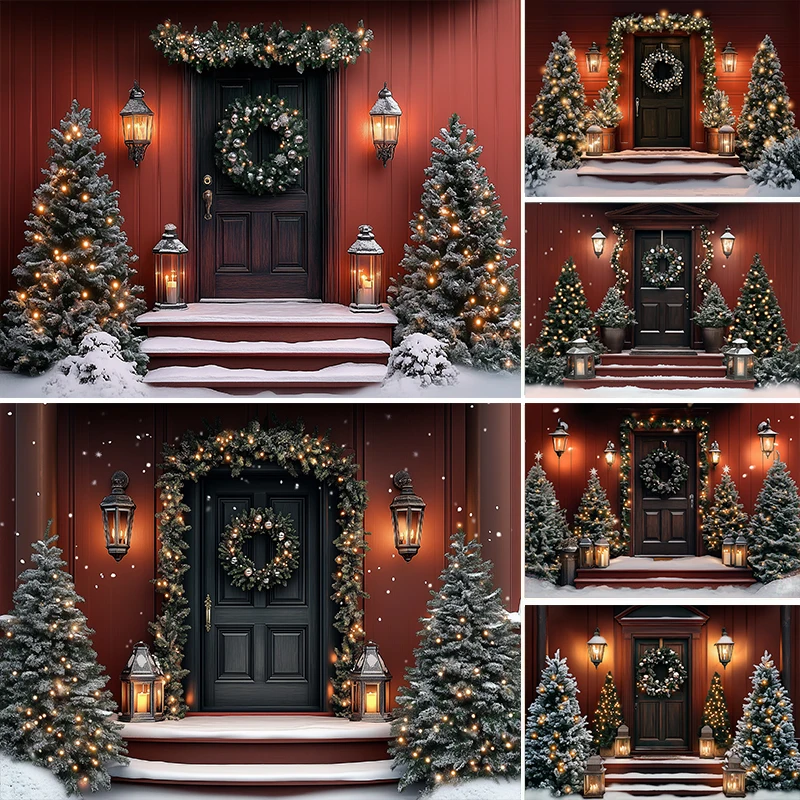 

LS Winter Christmas Photography Background Red Wall Wooden Door Xmas Tree Decor Kids Adult Portrait Photo Backdrop Studio