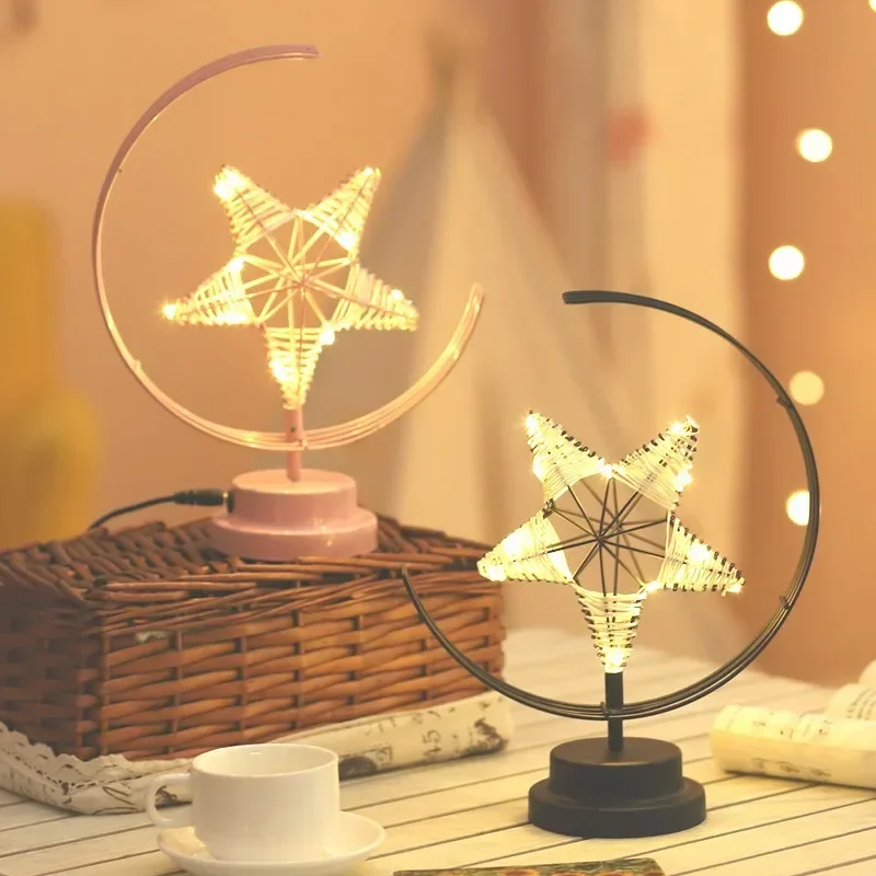 Creative LED Table Lamp Handmade Modeling Lights Star Shape Christmas Wrought Iron Woven Night Light Room Gift Party Decor Light