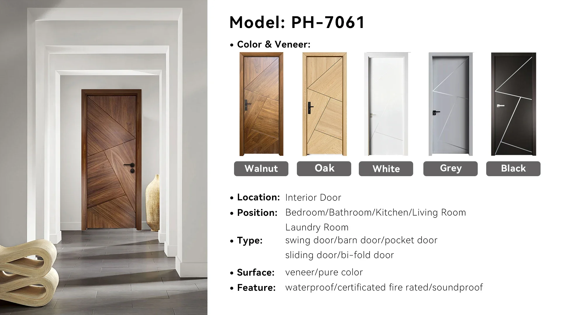 Prettywood American Simple Design Internal Room Home HDF MDF Panel Solid Wooden Veneer Modern Interior Door