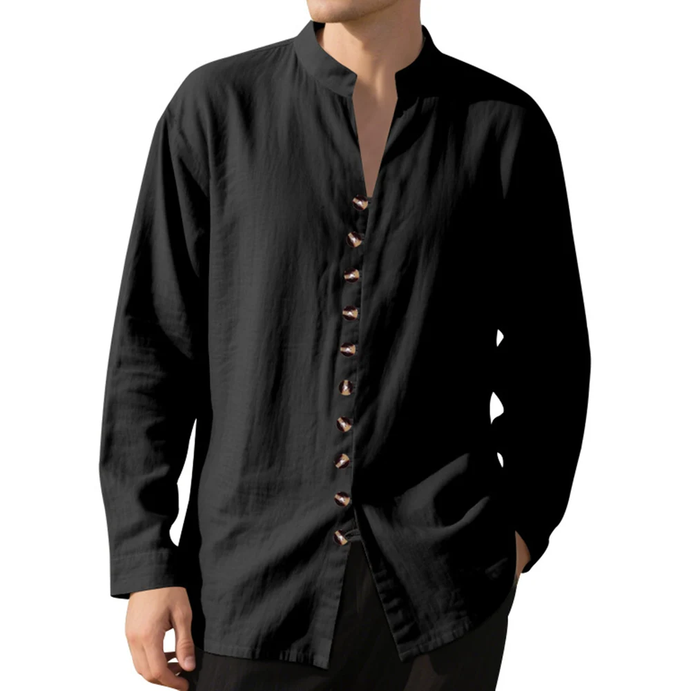 Camisa de manga larga de lino y algodón para hombre, Top informal con botones de Color sólido, camisa cómoda y ligera transpirable, camisas con cuello Henly