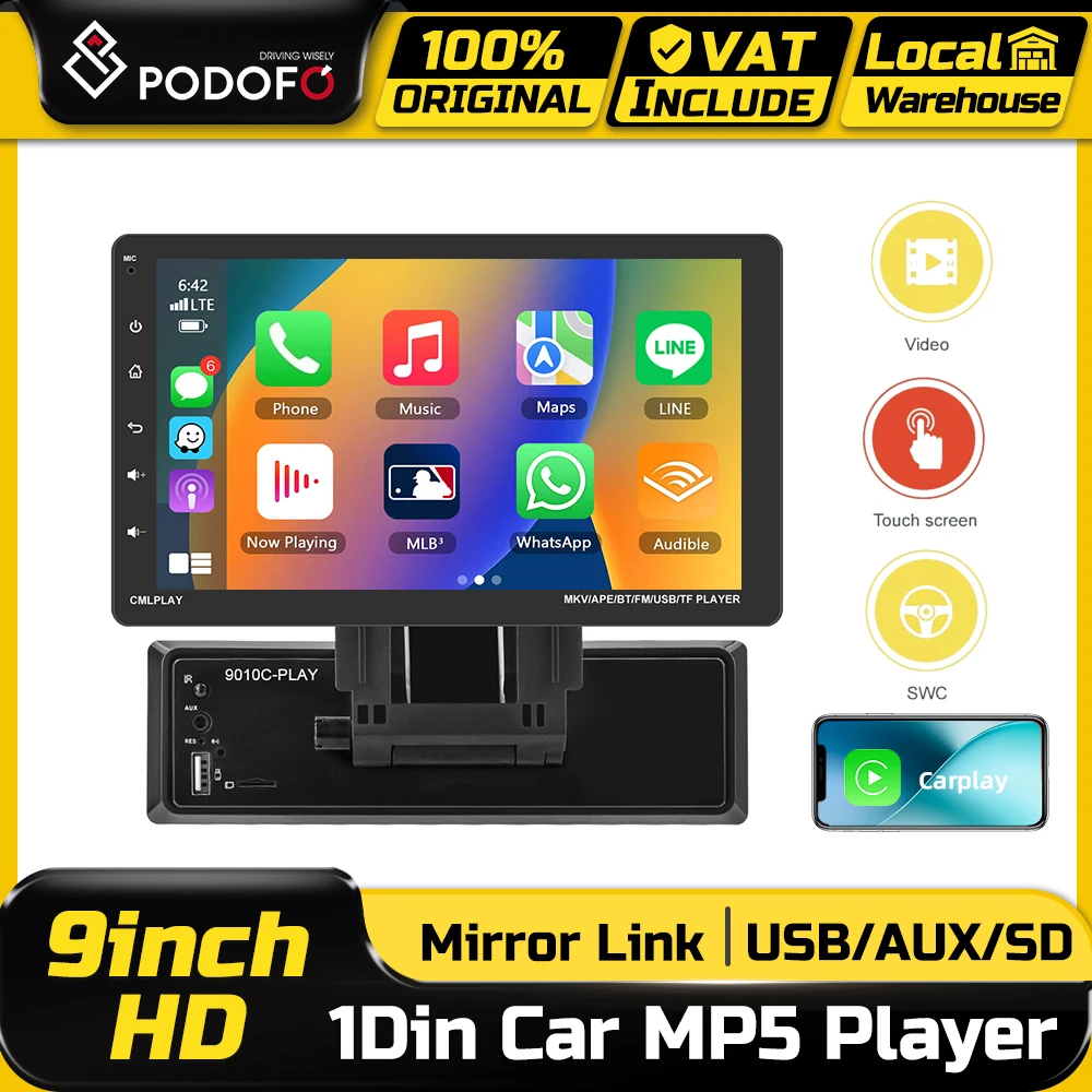 Podofo 9'' Auto-Radio Multimedia MP5-Player mit Spiegelverbindung, Intelligentes Autosystem, Bluetooth, FM RDS AUX MP5-Radio Stereo