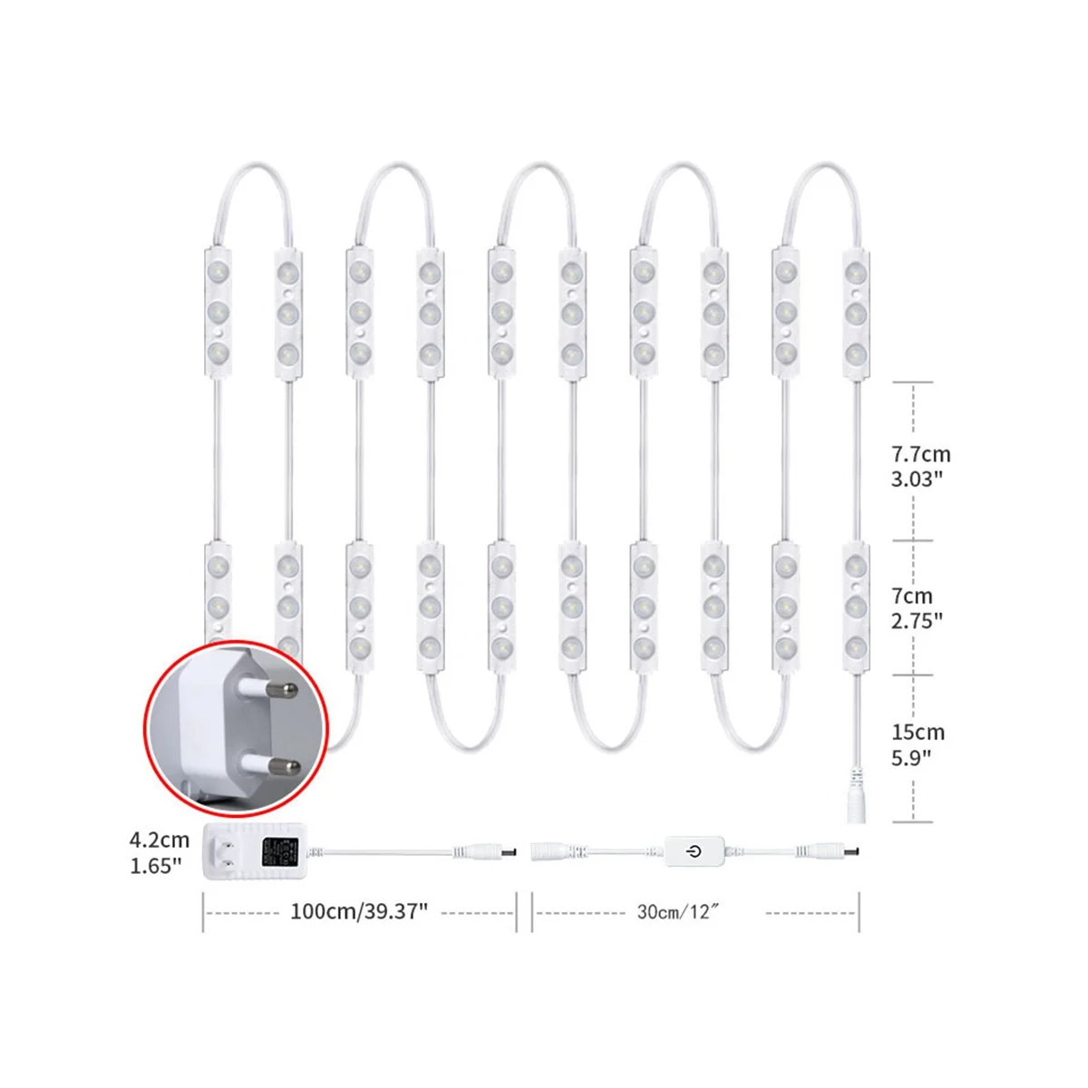 Luzes LED Vanity Mirror Strip, Regulável, Controle De Toque, Espelho De Corpo Inteiro, Iluminação Do Espelho Do Banheiro, Plug UE