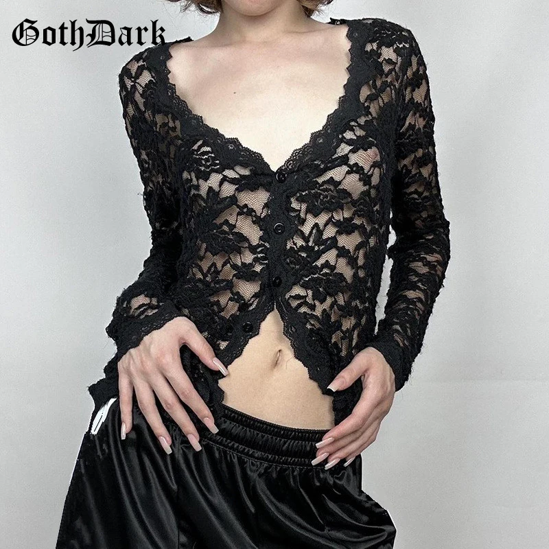 

Goth Dark Jacquard Lace See Through Single Breasted Cardigan T-shirt Sexy V-neck Sheer Blouses Women Y2K Chic Thin Tops Techwear