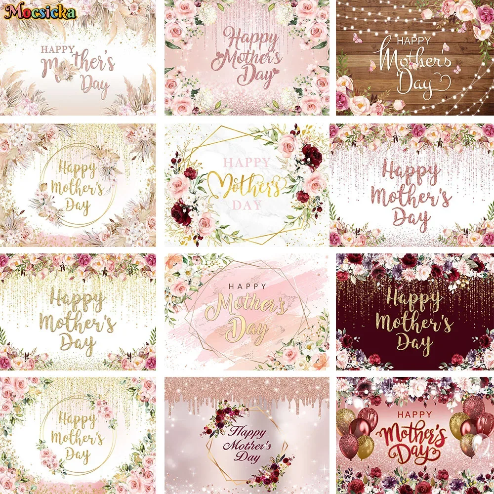 

Mocsicka Mother's Day Mom Birthday Party Decoration Backdrop Banner Flower Balloon Studio Background Glitter Photo Dessert Booth