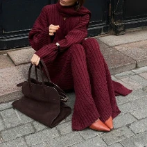 French Lazy Wind V-neck Sweater Loose Suit Red Long Scarf Warm High-grade Knit Long Skirt Suit in Autumn and Winter